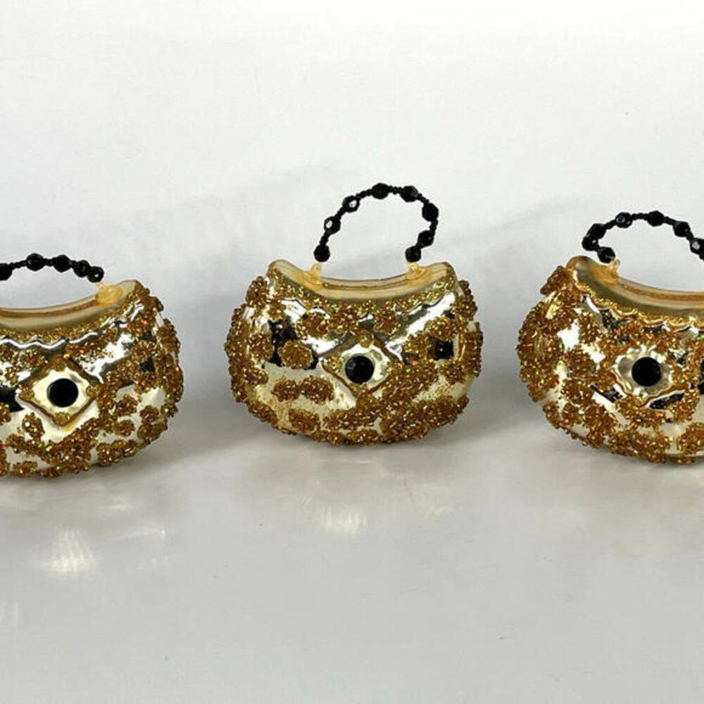 Beaded Handbag Purse Christmas Ornaments Blown Glass Gold‎ Black LOT Of 3